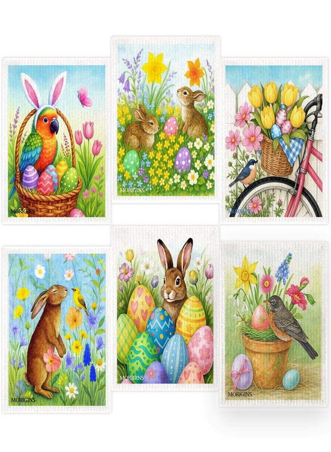 Morigins Easter Eggs Bunny Swedish Dishcloths Reusable Absorbent Towels Ideal for Kitchens, Bathrooms, and Countertop Cleaning Cellulose Sponge Cloths for Kitchen Bathroom Office6pack 7x8 inch - Image 1