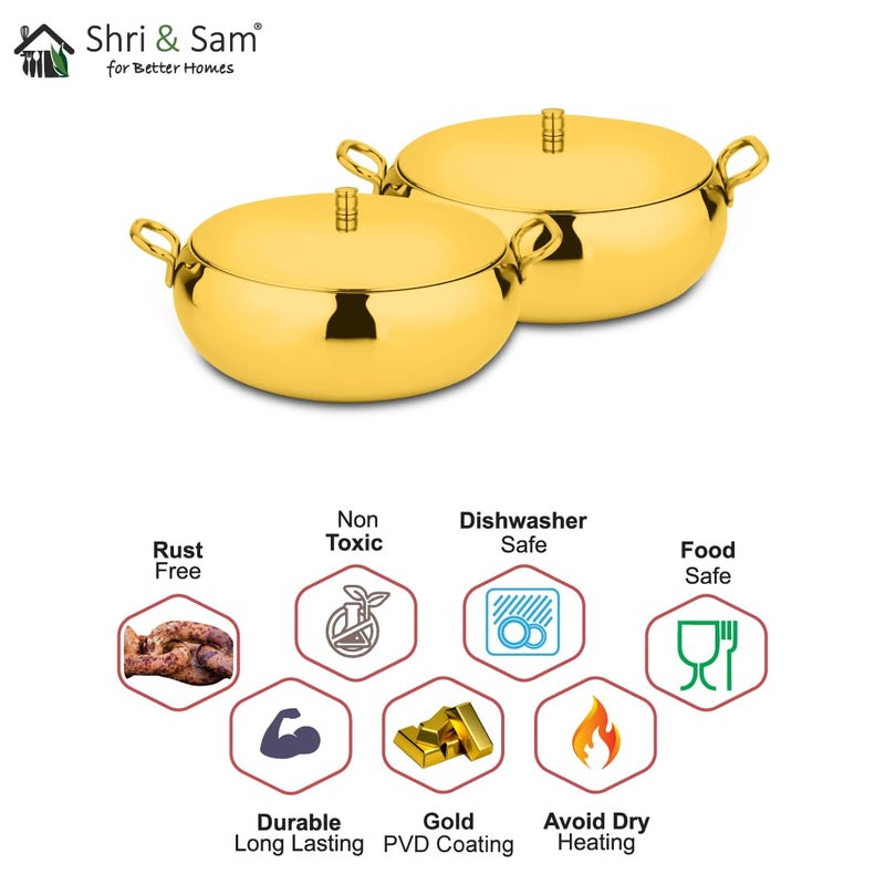 Shri & Sam Shri & Sam High Grade Stainless Steel Marina Serving Gold Bowl Set with Lid, 17 cm Each, 2 Pieces  - Image 2