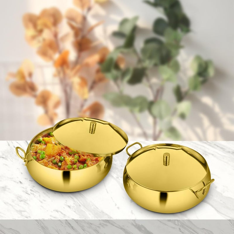 Shri & Sam Shri & Sam High Grade Stainless Steel Marina Serving Gold Bowl Set with Lid, 17 cm Each, 2 Pieces  - Image 5