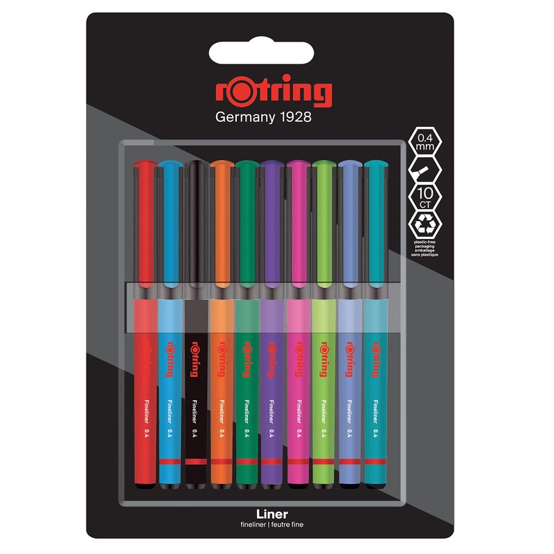 rOtring Liner Fineliner Pens | 0.4 mm | Colouring Pens for Writing & Drawing | Plastic-Free Packaging | Assorted Colours | 10 Count - Image 1