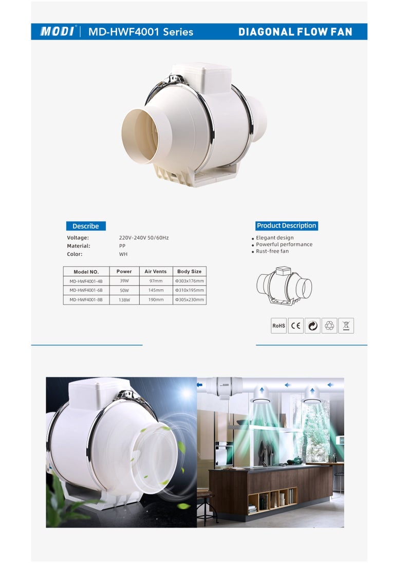 MODI Ventilating Fan 4 Inch 220V Silent Mix Flow/Inline Duct Fan/Duct Exhaust/Inline Exhaust/Circular Inline Fan, Low Noise, for Bathroom, Kitchen, Hotal, Coffee Shop Warehouse, etc Ventilation  - Image 2