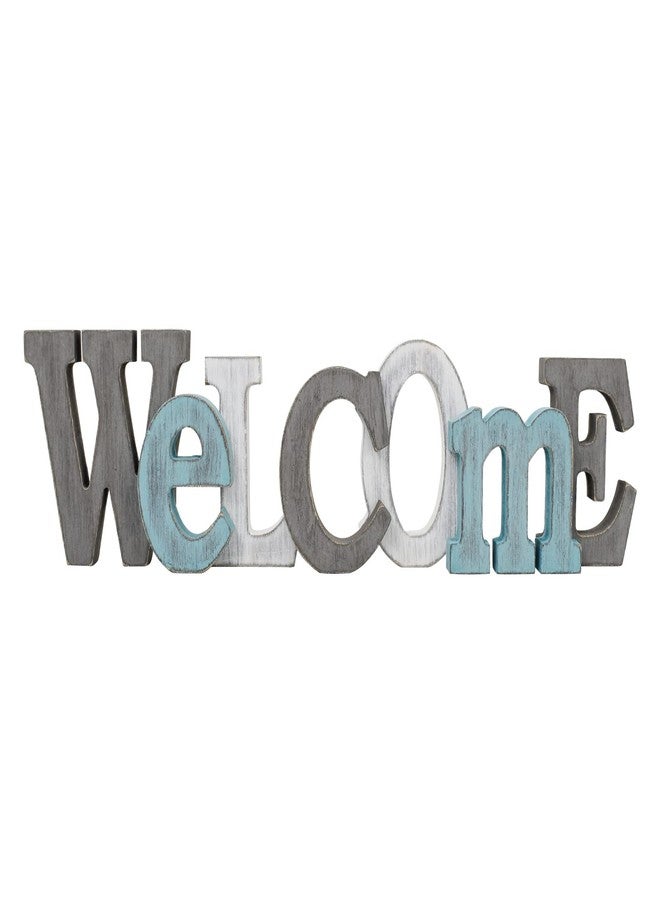 Linfevisi Wooden Welcome Sign Aqua Hanging Block Letters Sign Rustic Freestanding Wood Word Decor Decorative Welcome Table Sign Cutout Word Art Wall Decor (Welcome) - Image 1