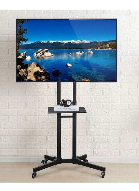 Mobile TV Stand with Height Adjustable Mount on Lockable Wheels for 32-65 Inch Flat and Curved Screens, Including a Removable Shelf for A/V Equipment and Laptops Black loading capacity 50kg
