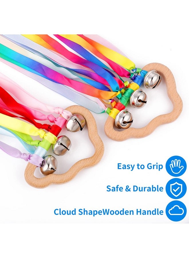 Grevosea 2 Pieces Hand Kite Rainbow Hand Ribbon Kite With Bells Cloud Rainbow Wind Wand Hand Kite Ribbon Wand Wood Sensory Educational Tool For Kids Birthday Party Gifts - Image 4