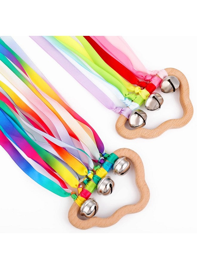 Grevosea 2 Pieces Hand Kite Rainbow Hand Ribbon Kite With Bells Cloud Rainbow Wind Wand Hand Kite Ribbon Wand Wood Sensory Educational Tool For Kids Birthday Party Gifts - Image 1