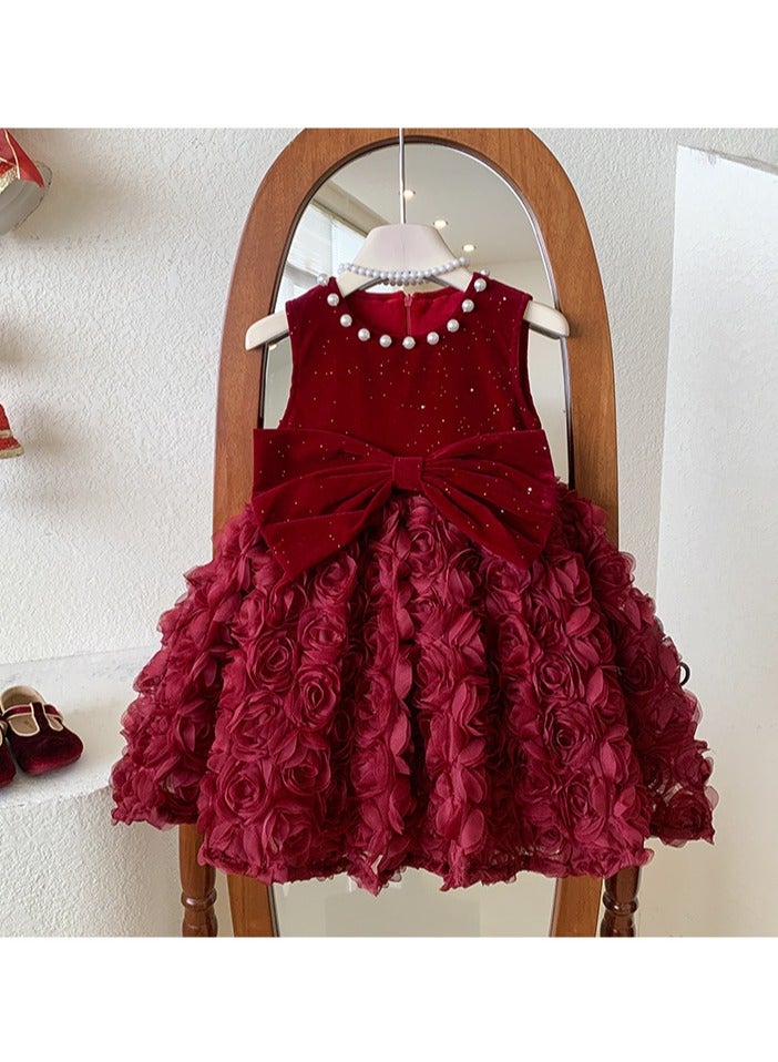 Baby Girl Birthday Party Dress, 2-3 Years, Deep Red Velvet Princess Dress with Big Butterfly Bow and Pearl Neckline, Special Occasion Toddler Outfit, Sleeveless Elegant Dress for 90cm Height - Image 2