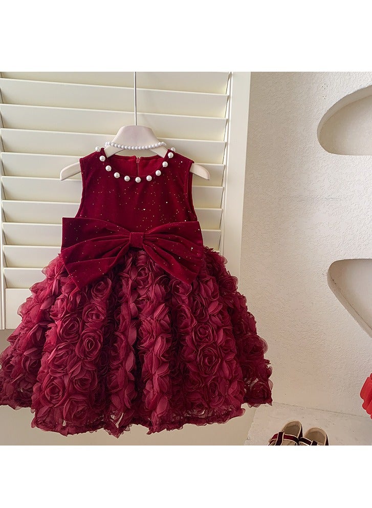 Baby Girl Birthday Party Dress, 2-3 Years, Deep Red Velvet Princess Dress with Big Butterfly Bow and Pearl Neckline, Special Occasion Toddler Outfit, Sleeveless Elegant Dress for 90cm Height - Image 3