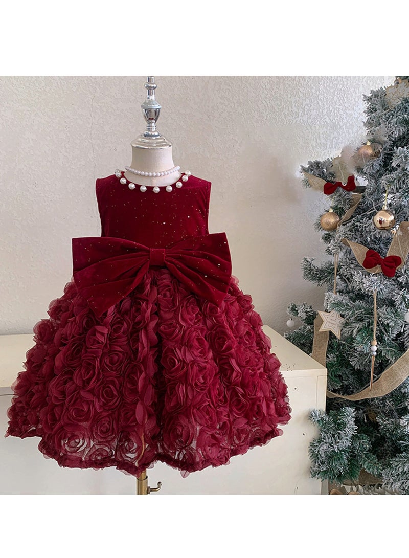 Baby Girl Birthday Party Dress, 2-3 Years, Deep Red Velvet Princess Dress with Big Butterfly Bow and Pearl Neckline, Special Occasion Toddler Outfit, Sleeveless Elegant Dress for 90cm Height - Image 1