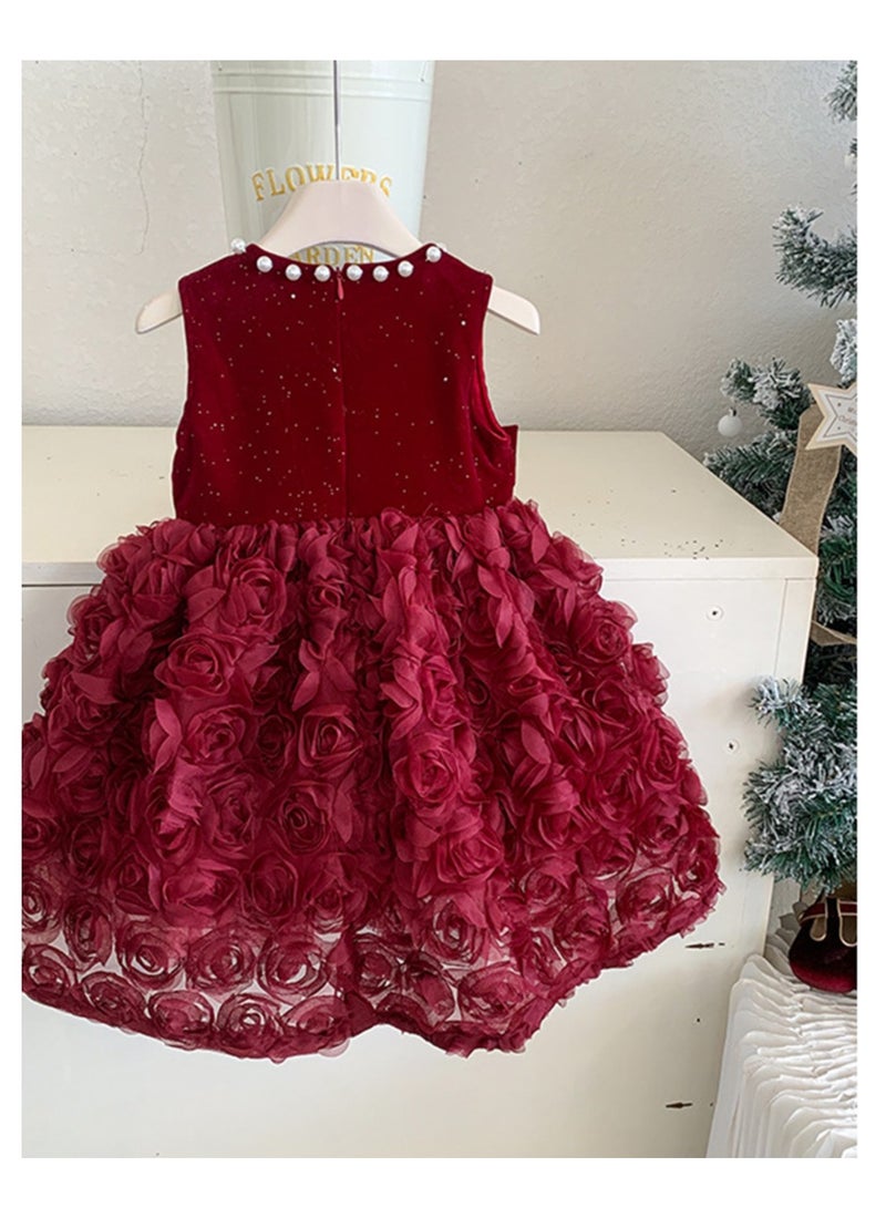 Baby Girl Birthday Party Dress, 2-3 Years, Deep Red Velvet Princess Dress with Big Butterfly Bow and Pearl Neckline, Special Occasion Toddler Outfit, Sleeveless Elegant Dress for 90cm Height - Image 4