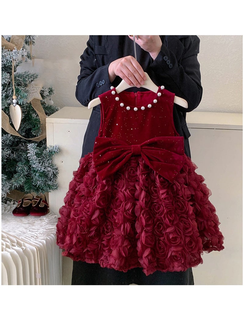 Baby Girl Birthday Party Dress, 2-3 Years, Deep Red Velvet Princess Dress with Big Butterfly Bow and Pearl Neckline, Special Occasion Toddler Outfit, Sleeveless Elegant Dress for 90cm Height - Image 5
