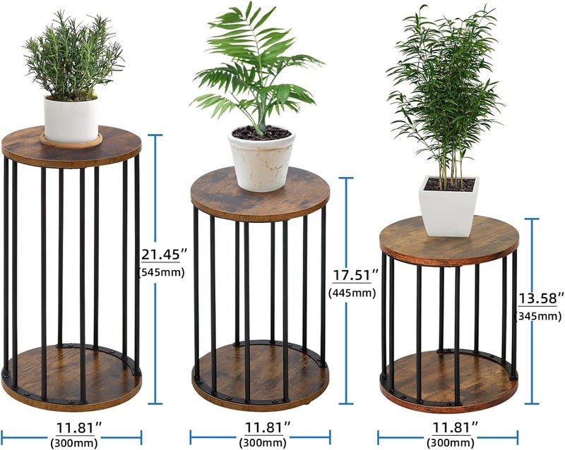 HDANI Set of 3 Round Metal Plant Stands 35/45/55 cm, Solid and Sturdy Flower Stand for Living Room, Garden, Balcony, Wooden Flower Stool, Vintage Brown and Black - Image 2