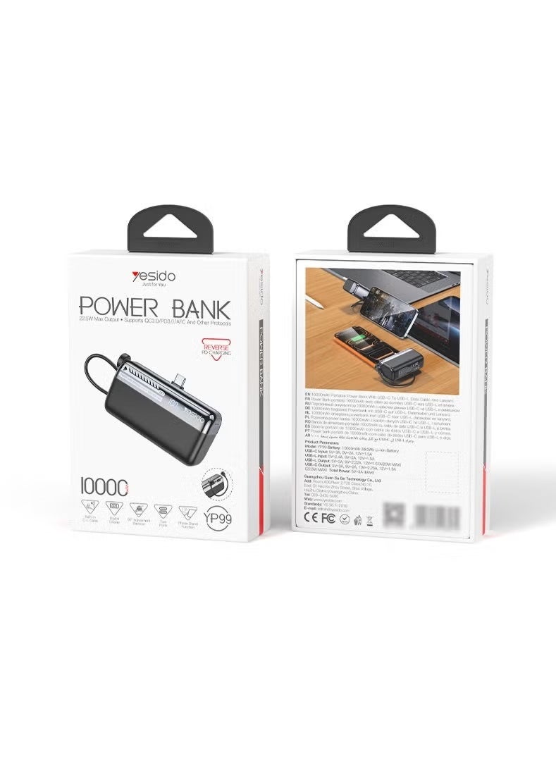 Yesido YP99 10000mAh Power Bank, 22.5W Fast Charging, Built-In C-L Cable, Phone Holder Stand, Portable Battery Charger, High-Capacity Fast Charge Power Bank for Smartphones, Tablets & Other Compatible Devices, Compact Design for Travel, Office & Daily Use - Image 1