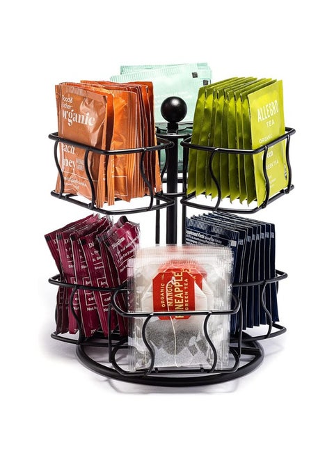 Tea Bag Organizer Storage Holder, 360-Degrees Spinning Carousel, 6 Compartments TeaBags Display Rack, Holds Up to 60 Tea Bags, for Kitchen, Home, Office Coffee Bar Counter (Black)