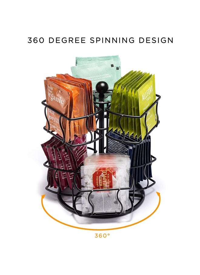 Hihonor - Tea Bag Organizer Storage Holder, 360-Degrees Spinning Carousel, 6 Compartments TeaBags Display Rack, Holds Up to 60 Tea Bags, for Kitchen, Home, Office Coffee Bar Counter (Black) - Image 1