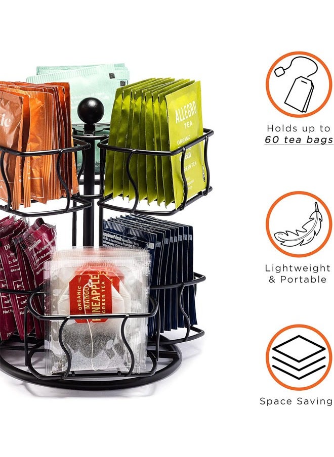 Hihonor - Tea Bag Organizer Storage Holder, 360-Degrees Spinning Carousel, 6 Compartments TeaBags Display Rack, Holds Up to 60 Tea Bags, for Kitchen, Home, Office Coffee Bar Counter (Black) - Image 1