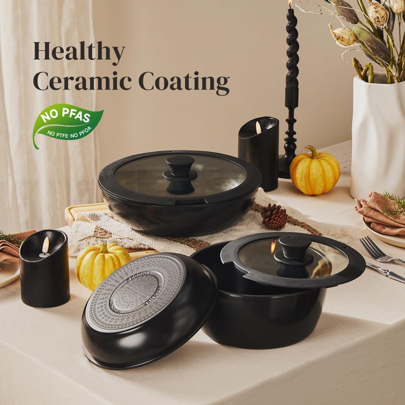 Redchef 16pcs Ceramic Pots and Pans Set Non Stick, Nonstick Kitchen Cookware Set with Detachable Handle, Non Toxic, PFAS PFOA & PTFE Free, RV Cookware Set for Camping, Dishwasher/Oven Safe (Black) - Image 2