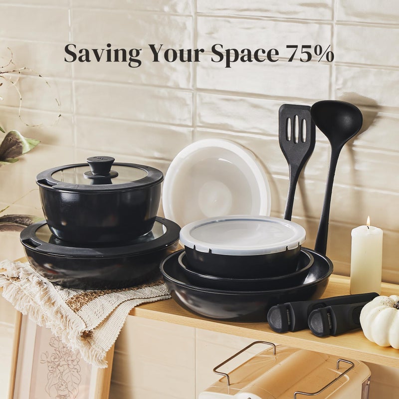 Redchef 16pcs Ceramic Pots and Pans Set Non Stick, Nonstick Kitchen Cookware Set with Detachable Handle, Non Toxic, PFAS PFOA & PTFE Free, RV Cookware Set for Camping, Dishwasher/Oven Safe (Black) - Image 5