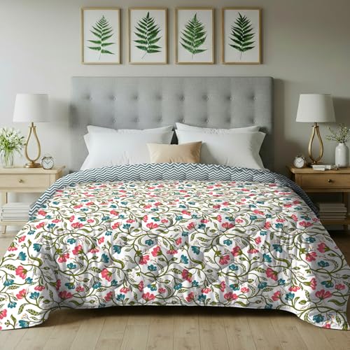 Urban Space AC Blanket For Single Bed, 120 GSM Microfiber 3 Layered Quilted Dohar, Soft Lightweight Reversible Printed AC Blanket Single Bed for All Season (Kashmir Pink & Blue- 145cm x 225cm, Single) - Image 1