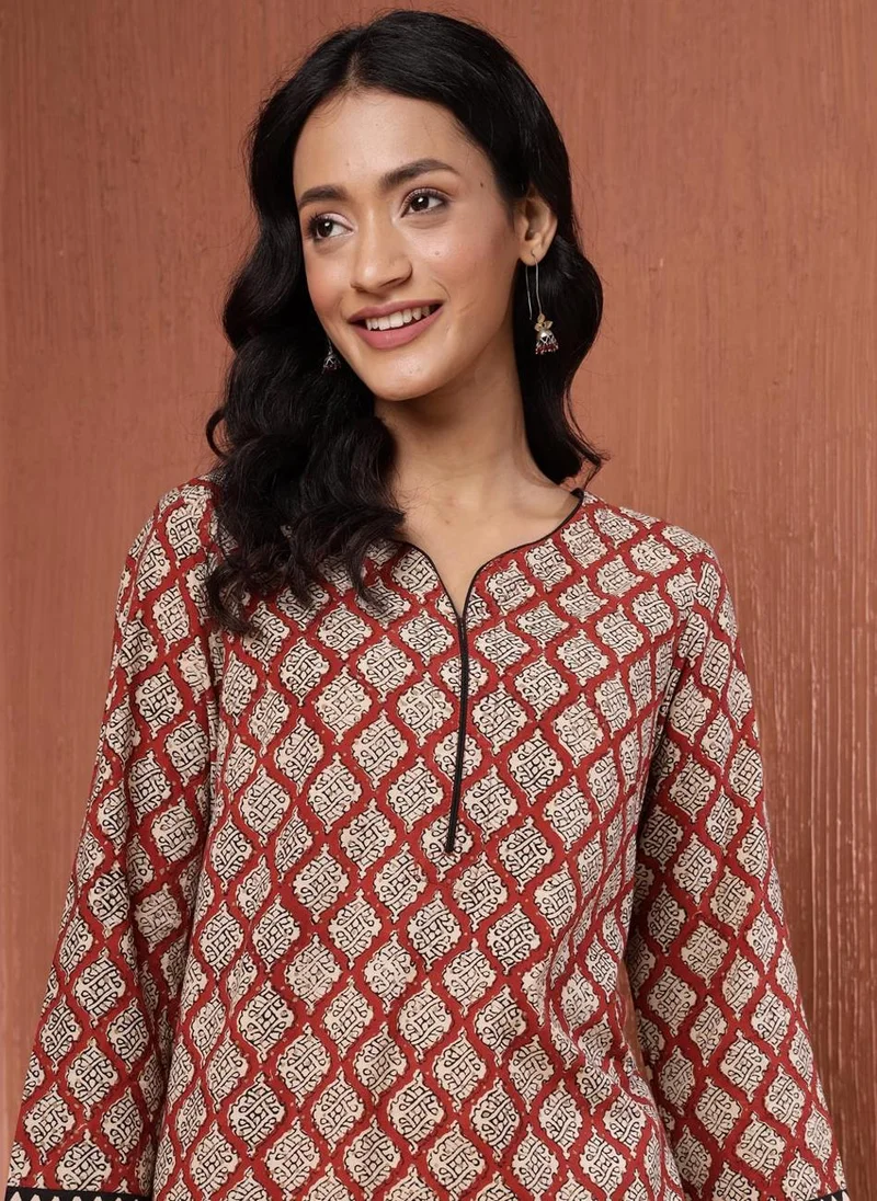 Fabindia Maroon Cotton Bagru Printed Knee Length Kurta