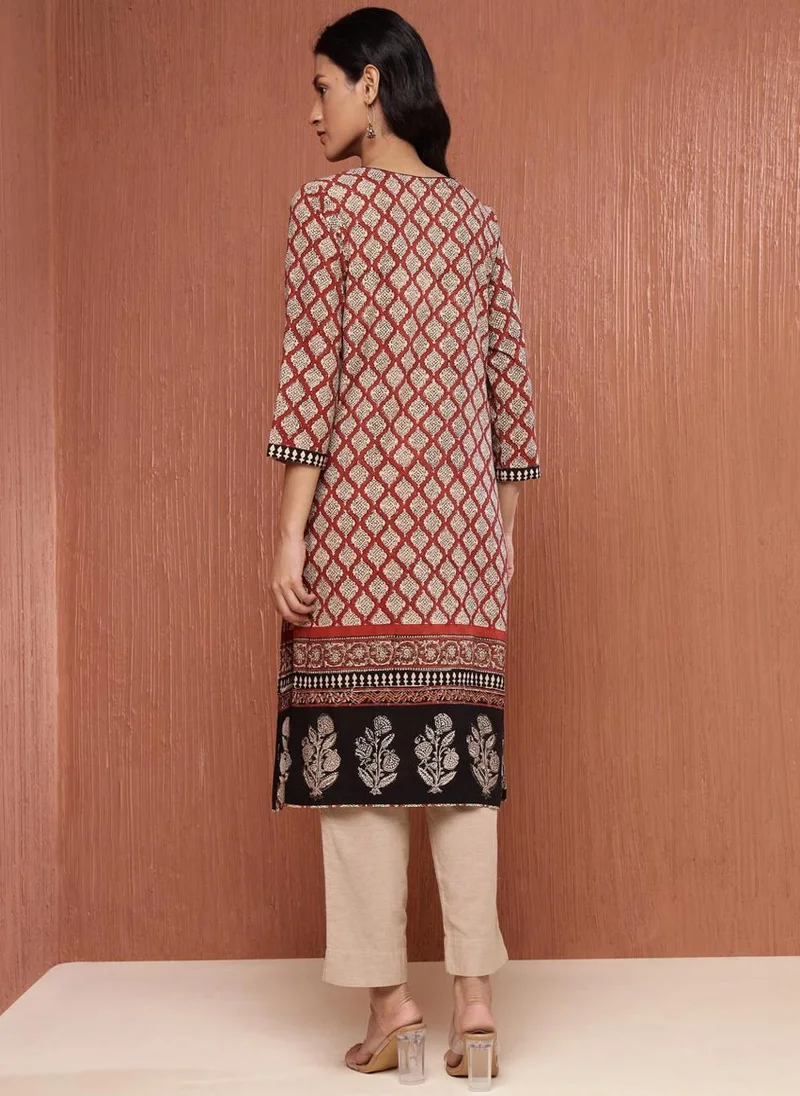 Fabindia Maroon Cotton Bagru Printed Knee Length Kurta