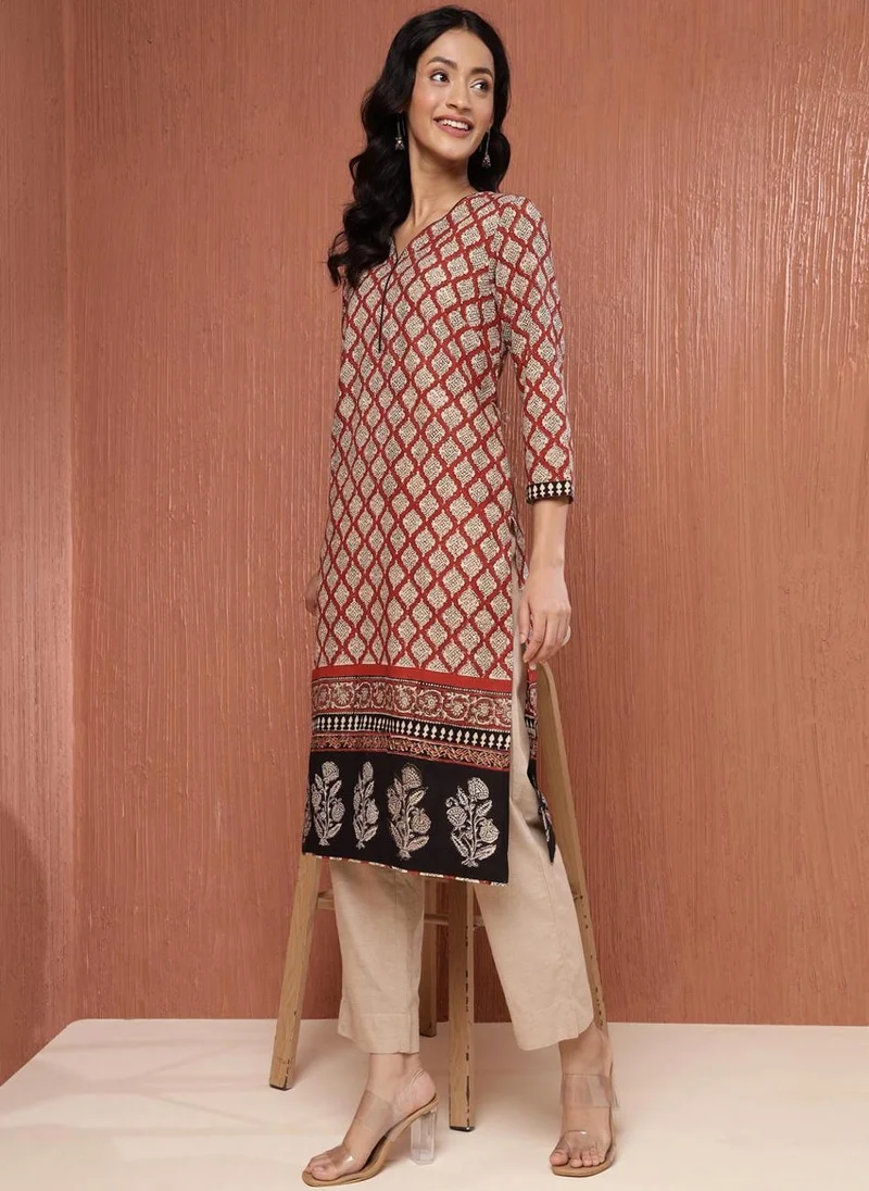 Fabindia Maroon Cotton Bagru Printed Knee Length Kurta