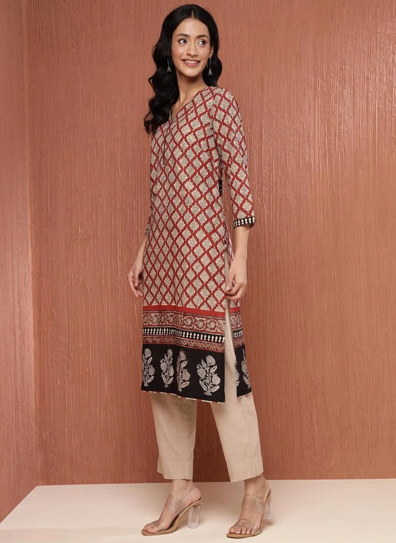 Fabindia Maroon Cotton Bagru Printed Knee Length Kurta