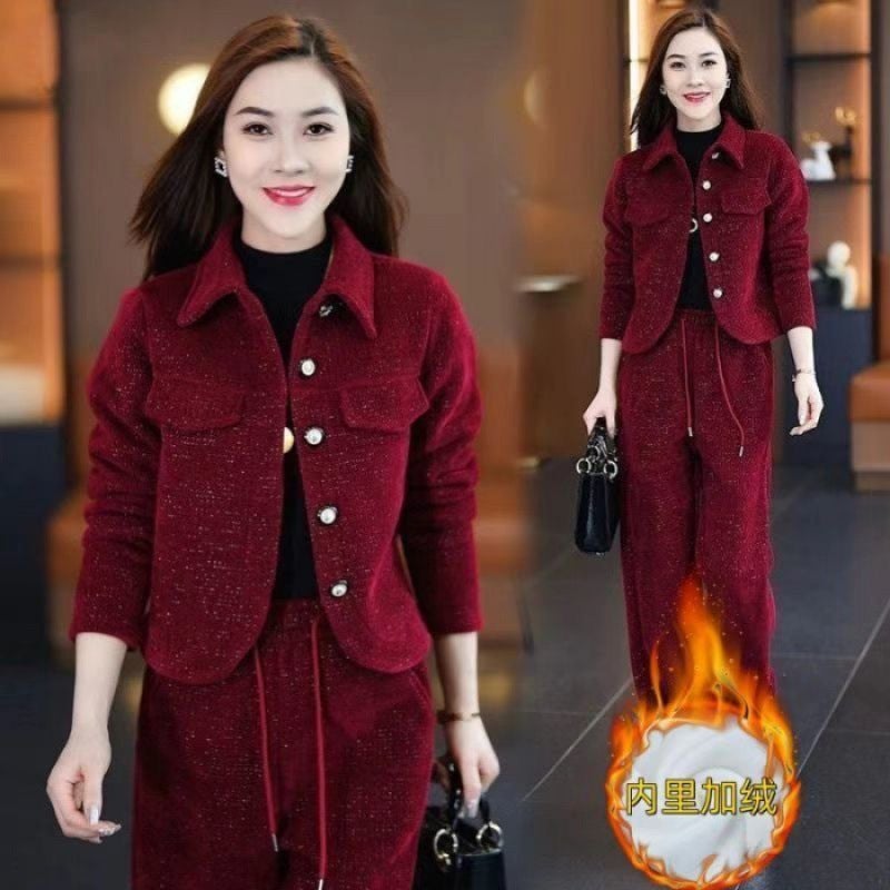 بدلة سميكة مبطنة بالفليس للنساء بأسلوب غربي أنيق جاكيت قصير غير رسمي مجموعة من قطعتين - Image 1