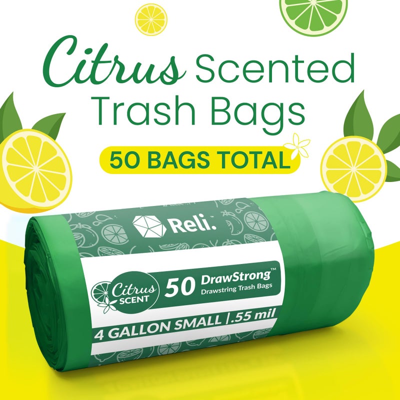 Reli. 4 Gallon Trash Bags Drawstring (50 Count) | Citrus Scented Small Trash Bags | Garbage Liners for Bathroom Can | 2 Gal - 3 Gallon - 4 Gal Small Can Liners (Green) - Image 2