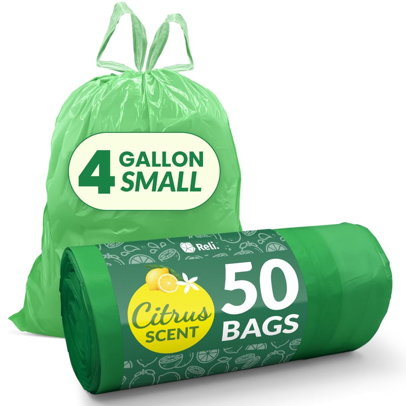 Reli. 4 Gallon Trash Bags Drawstring (50 Count) | Citrus Scented Small Trash Bags | Garbage Liners for Bathroom Can | 2 Gal - 3 Gallon - 4 Gal Small Can Liners (Green) - Image 1