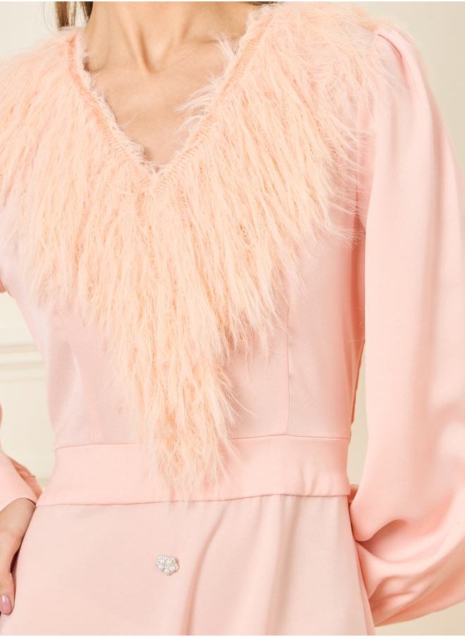 Styli - Faux Fur Trim Button Detail Maxi Dress - Image 1