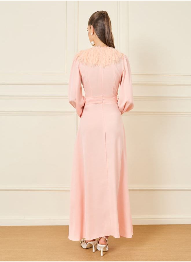 Styli - Faux Fur Trim Button Detail Maxi Dress - Image 1
