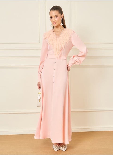 Faux Fur Trim Button Detail Maxi Dress