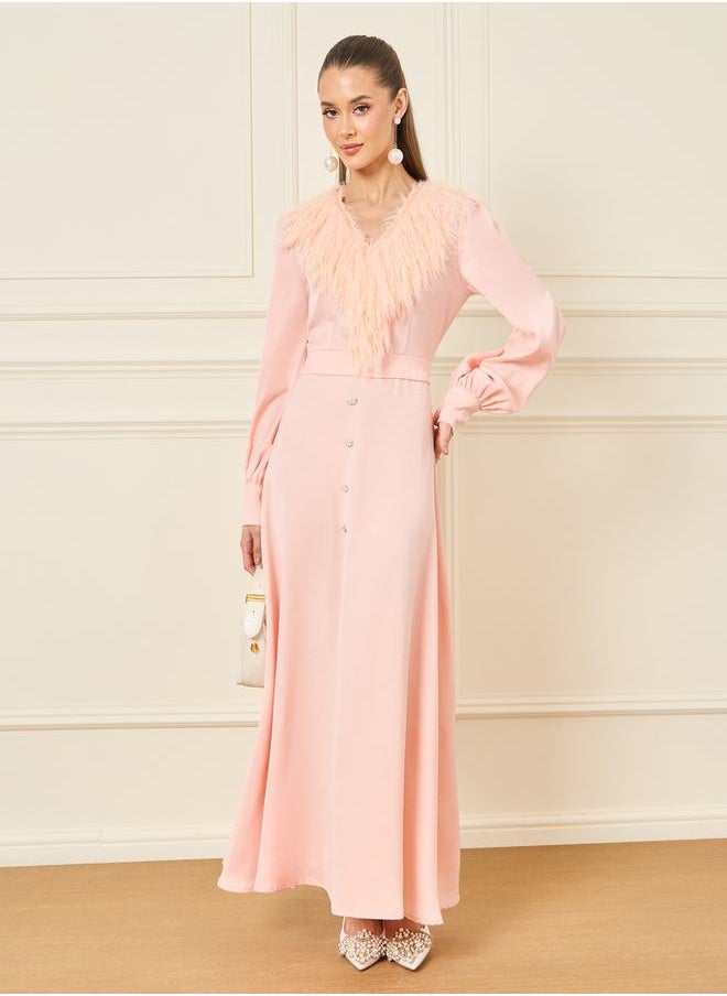 Styli - Faux Fur Trim Button Detail Maxi Dress - Image 1