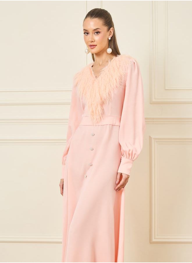 Styli - Faux Fur Trim Button Detail Maxi Dress - Image 1