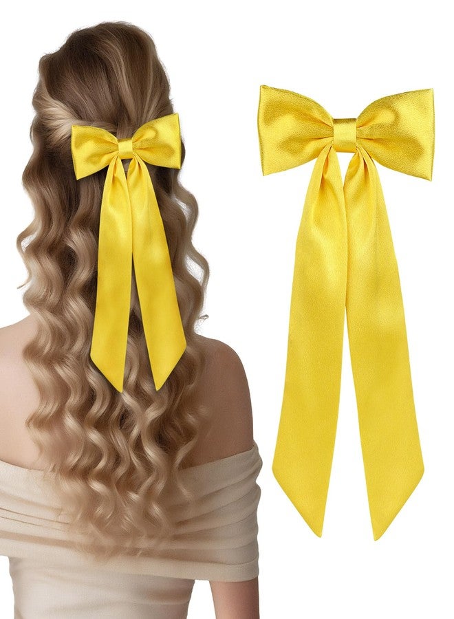 WantGor Long Tail Bow Hair Clips, Hair Ribbon Bows Satin Bowknot Clip Large Hair Barrettes Cute Ponytail Holder Hair Accessories for Women Daily Party Wedding Prom (Yellow) - Image 2