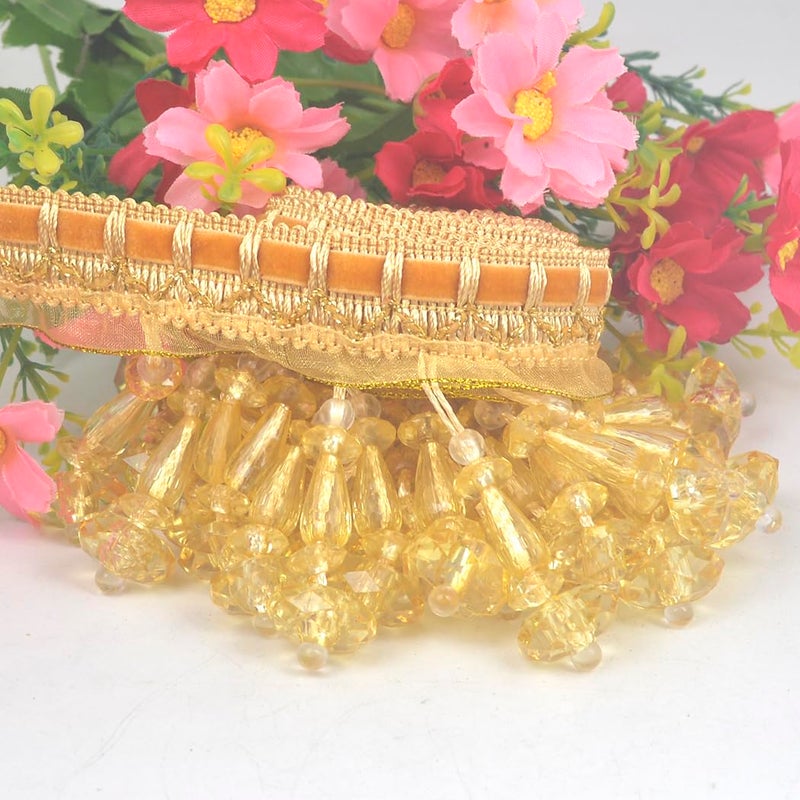 Kuasting 6.5 Yards Braid Hanging Ball Tassel Fringe Trim Bead Sewing Trim Fringe Lace Acrylic DIY Craft Sewing Accessory for Home Curtain Decoration (Golden) - Image 4
