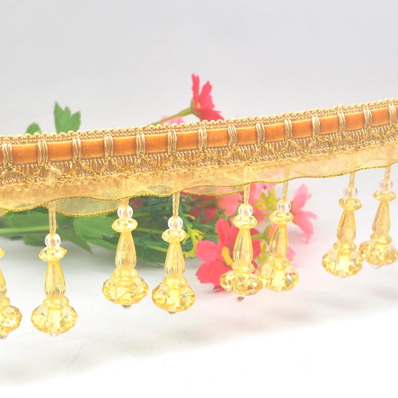 Kuasting 6.5 Yards Braid Hanging Ball Tassel Fringe Trim Bead Sewing Trim Fringe Lace Acrylic DIY Craft Sewing Accessory for Home Curtain Decoration (Golden) - Image 3