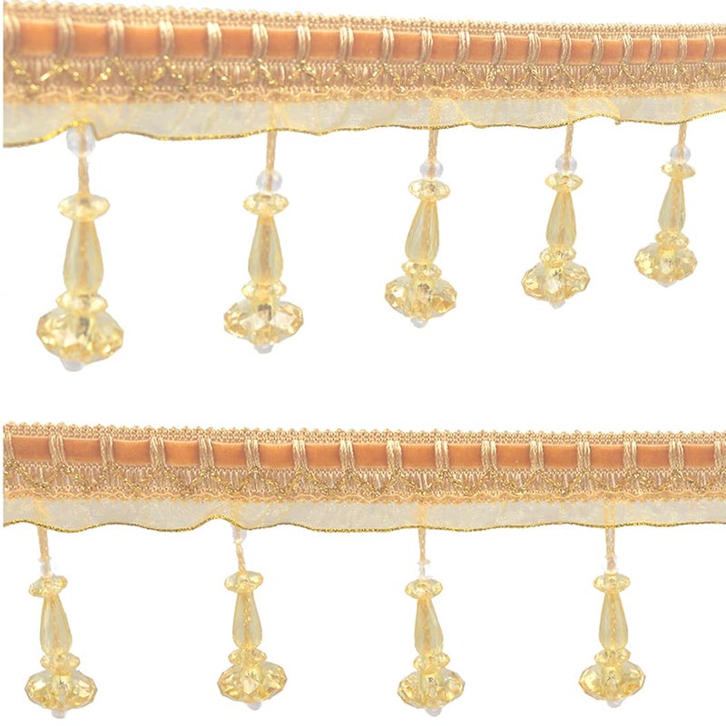 Kuasting 6.5 Yards Braid Hanging Ball Tassel Fringe Trim Bead Sewing Trim Fringe Lace Acrylic DIY Craft Sewing Accessory for Home Curtain Decoration (Golden) - Image 1