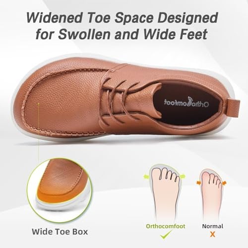OrthoComfoot Men's Orthopedic Wide Leather Dress Walking Shoes: Comfortable Flat Feet Arch Support Swollen Tennis Athletic Lace Up Shoes, Casual Waterproof Business Diabetic Working Oxfords Brown Size 9 - Image 3
