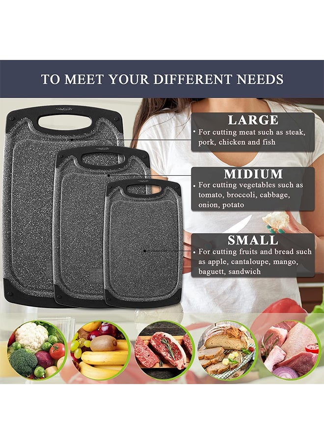 3 Pcs Plastic Cutting Boards,  BPA Free, Dishwasher Safe Cutting Boards with Non-slip Feet, Juice Slot, With Grating Area for Vegetable/Meat/Bread Handling（Black）