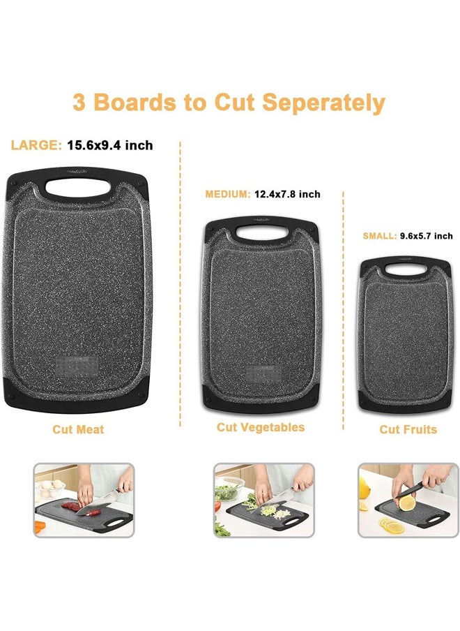 3 Pcs Plastic Cutting Boards,  BPA Free, Dishwasher Safe Cutting Boards with Non-slip Feet, Juice Slot, With Grating Area for Vegetable/Meat/Bread Handling（Black）