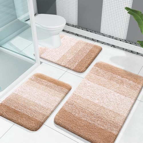 OLANLY Bathroom Rugs Sets 3 Piece, Soft Absorbent Microfiber Bath Mats and U-Shaped Contour Toilet Rug, Plush Shaggy Bath Mat Set for Bathroom (30"x20"+24"x16"+24"x20", Beige) - Image 1