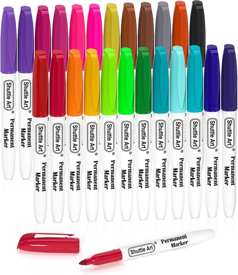 Shuttle Art Permanent Markers, 24 Colors Fine Point Assorted Colors Permanent Marker Set, Works on Plastic,Wood,Stone,Metal and Glass for Doodling, Coloring, Marking - Image 1