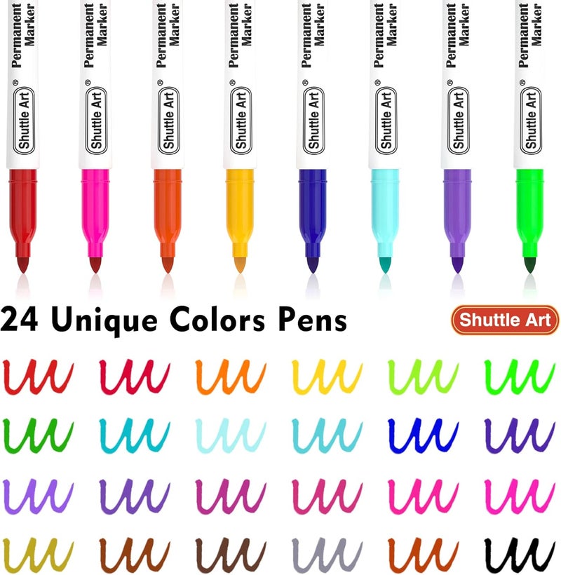 Shuttle Art Permanent Markers, 24 Colors Fine Point Assorted Colors Permanent Marker Set, Works on Plastic,Wood,Stone,Metal and Glass for Doodling, Coloring, Marking - Image 3