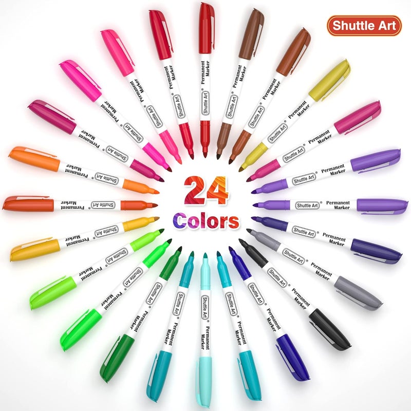 Shuttle Art Permanent Markers, 24 Colors Fine Point Assorted Colors Permanent Marker Set, Works on Plastic,Wood,Stone,Metal and Glass for Doodling, Coloring, Marking - Image 2
