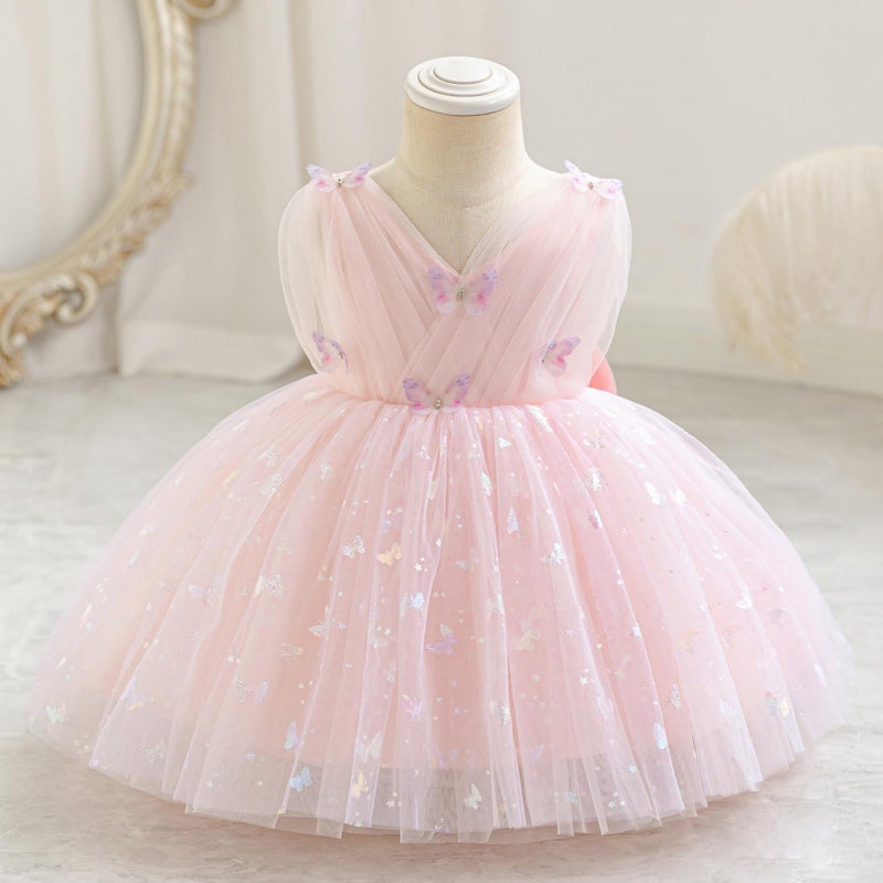 IDOPIP Toddler Baby Girls Shiny Butterfly Tutu Dress Princess Butterfly 1st Birthday Party Dresses Pageant Tulle V-Backless Bowknot Flower Girl Wedding First Communion Baptism Gown Pink 12-18 Months - Image 4