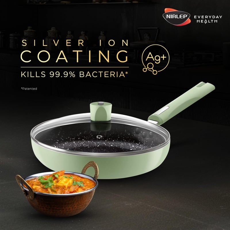 NIRLEP مقلاة نيرليب نوتري هيلث برو للحث 24 مع غطاء زجاجي I 1.7 لتر I طلاء أيون الفضة الحاصل على براءة اختراع I صديقة للملاعق المعدنية I مقبض ناعم I مقلاة غير لاصقة متعددة الاستخدامات I ضمان 18 شهر - Image 3