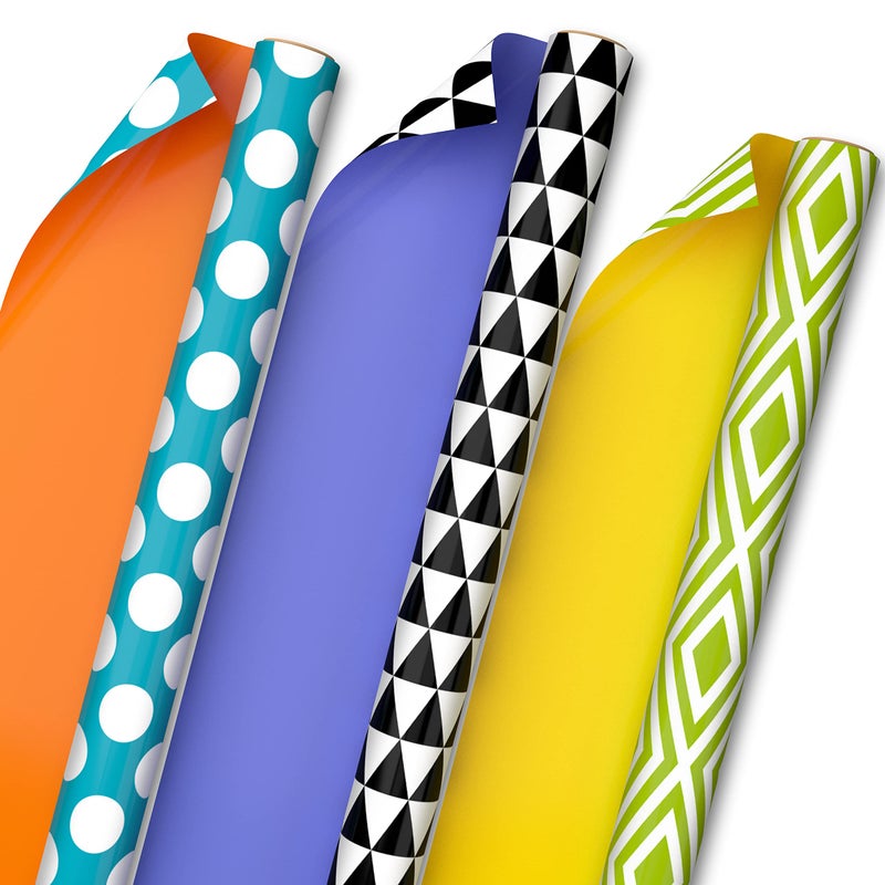 Hallmark Modern Wrapping Paper Rolls for Birthday Graduation Christmas Gift Wrap Paper Set of 3 Reversible Rolls 75 sq ft ttl Black White Blue Orange Yellow  Green for All Occasions