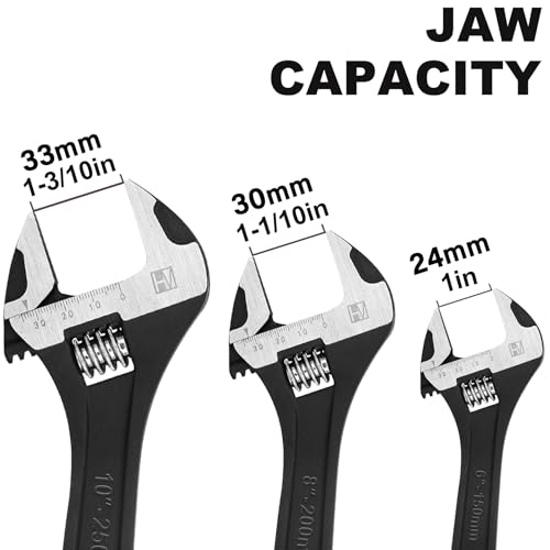 HAUTMEC 3PCS Adjustable Wrench Set Extra Wide Jaw Black Finish Adjustable Wrenches Drop-Forged CR-V Steel Metric & SAE Scales 6 in. 8 in. 10 in. for Home Garage Workshop DIY - Image 3