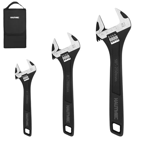 HAUTMEC 3PCS Adjustable Wrench Set Extra Wide Jaw Black Finish Adjustable Wrenches Drop-Forged CR-V Steel Metric & SAE Scales 6 in. 8 in. 10 in. for Home Garage Workshop DIY - Image 1